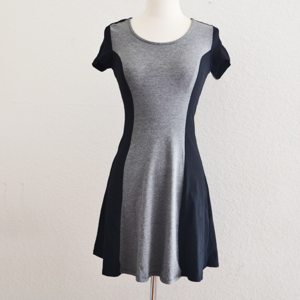 Color Block Skater Dress Black Gray Short Sleeve
